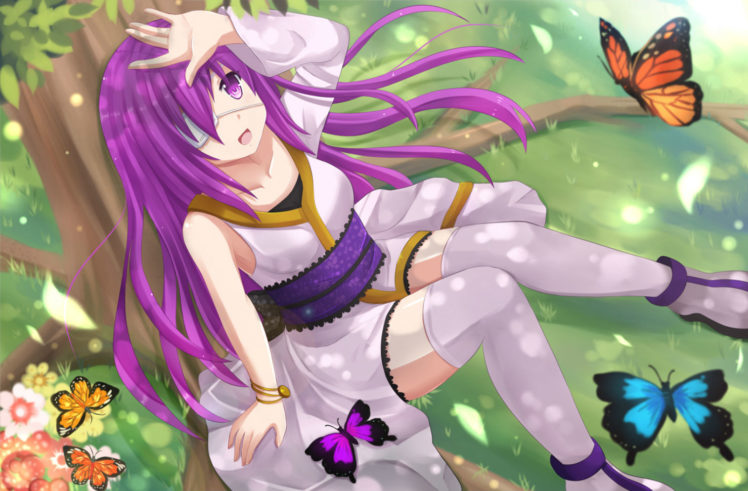 original, Butterfly, Eyepatch, Flowers, Japanese, Clothes, Kazenokaze, Long, Hair, Purple, Eyes, Purple, Hair, Thighhighs, Tree HD Wallpaper Desktop Background