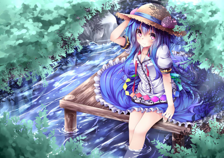 touhou, Blue, Hair, Blush, Hat, Hinanawi, Tenshi, Jpeg, Artifacts, Long, Hair, Pink, Eyes, Touhou, Tyaba, Neko, Water HD Wallpaper Desktop Background