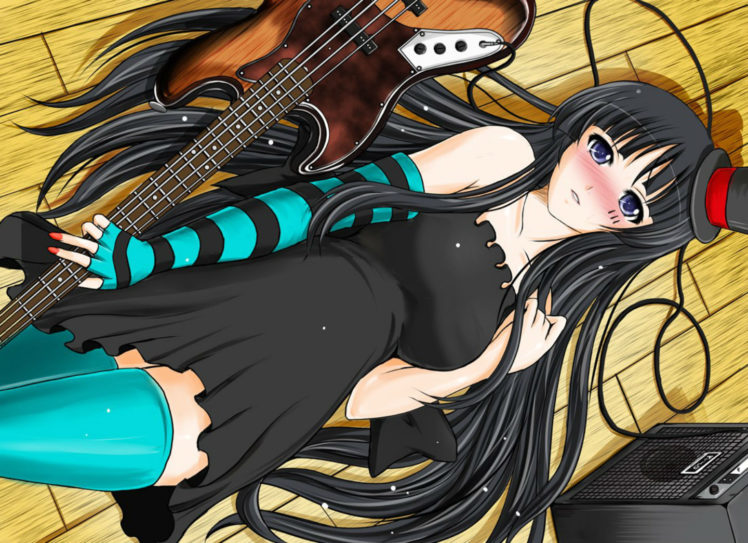 k on , Akiyama, Mio, Black, Hair, Blue, Eyes, Blush, Elbow, Gloves, Guitar, Hat, Instrument, Jpeg, Artifacts, K on , Long, Hair, Thighhighs HD Wallpaper Desktop Background