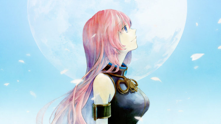 vocaloid, Blue, Eyes, Gyouya, Long, Hair, Megurine, Luka, Moon, Petals, Pink, Hair, Vocaloid HD Wallpaper Desktop Background