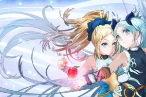 puzzle, And, Dragons, Girls, Apple, Blonde, Hair, Blue, Eyes, Bow, Ponytail, Ttknok, Twintails, Weapon