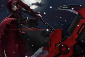 rwby, Boots, Cape, Cross, Lepus, Moon, Pantyhose, Petals, Red, Hair, Ruby, Rose, Rwby, Scythe, Short, Hair, Signed, Snow, Weapon, Wolf
