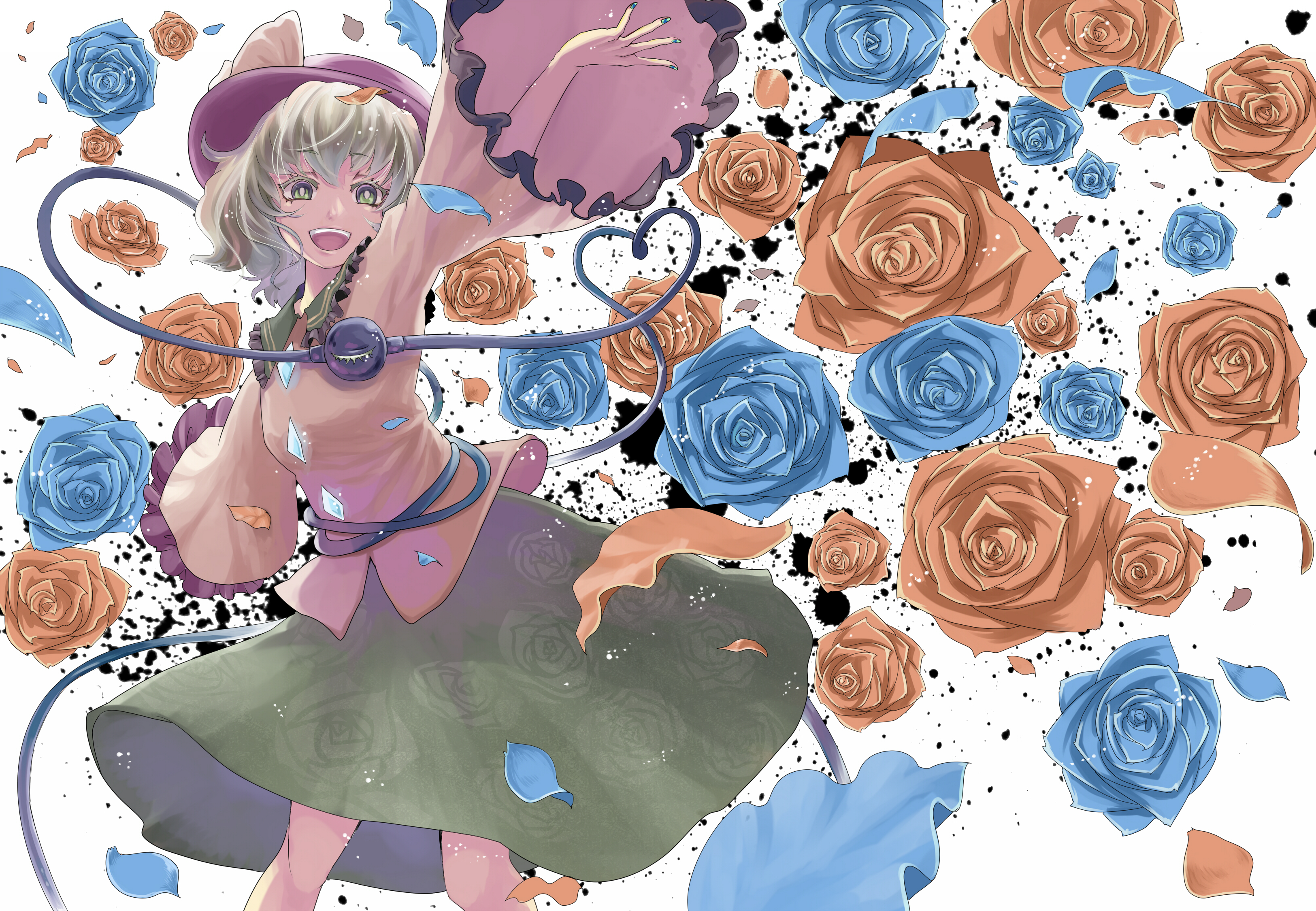 touhou, Flowers, Green, Hair, Hat, Komeiji, Koishi, Maki,  huran , Rose, Touhou Wallpaper