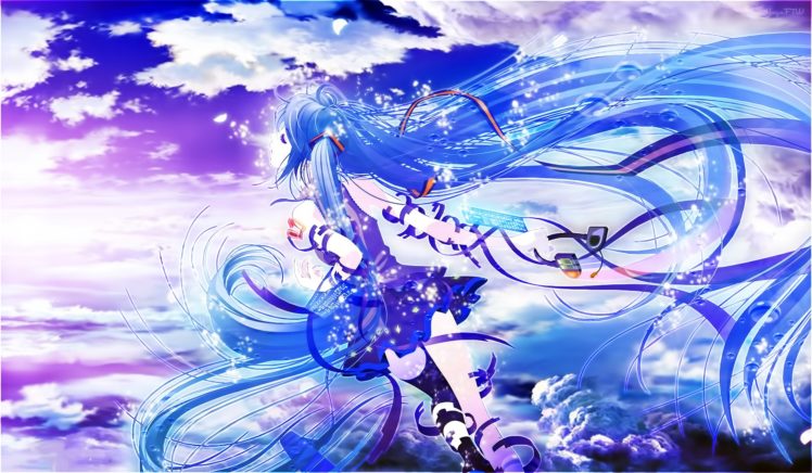 vocaloid, Blue, Hair, Clouds, Hatsune, Miku, Long, Hair, Ribbons, Skirt, Sky, Thighhighs, Vocaloid, Watermark, Yayaftw HD Wallpaper Desktop Background