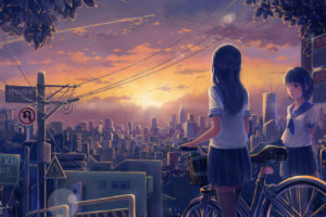 original, Girls, Bicycle, City, Clouds, Jpeg, Artifacts, Original, Scenic, Seifuku, Sky, Sunset, Tyc001x, Zettai, Ryouiki