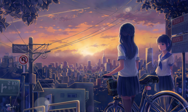 original, Girls, Bicycle, City, Clouds, Jpeg, Artifacts, Original, Scenic, Seifuku, Sky, Sunset, Tyc001x, Zettai, Ryouiki HD Wallpaper Desktop Background