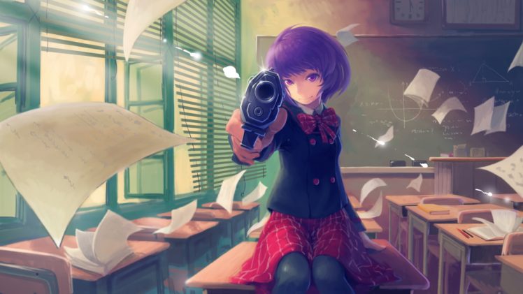 original, Gun, Paper, Purple, Eyes, Purple, Hair, Seifuku, Short, Hair, Tyc001x, Weapon HD Wallpaper Desktop Background