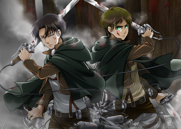 shingeki, No, Kyojin, Black, Hair, Blue, Eyes, Brown, Hair, Cape, Eren, Jaeger, Green, Eyes, Rivaille, Shingeki, No, Kyojin, Sword, Uniform, Weapon HD Wallpaper Desktop Background