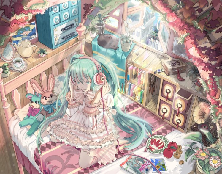 vocaloid, Animal, Apple, Bed, Book, Bow, Cat, Dress, Hatsune, Miku, Headphones, Moriaoba, Teddy, Bear, Vocaloid HD Wallpaper Desktop Background
