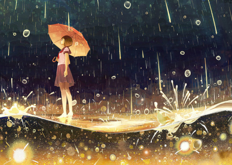 barefoot, Gemi, Original, Rain, Seifuku, Umbrella, Water HD Wallpaper Desktop Background