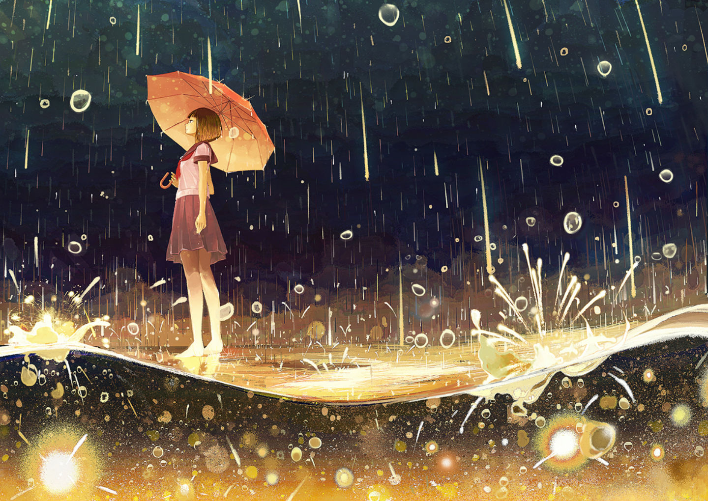 barefoot, Gemi, Original, Rain, Seifuku, Umbrella, Water Wallpaper
