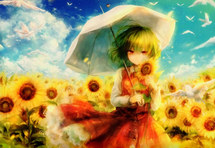 touhou, Animal, Bird, Clouds, Flowers, Green, Hair, Kazami, Yuuka, Onineko, Red, Eyes, Scan, Shirt, Short, Hair, Skirt, Sky, Sunflower, Touhou, Umbrella HD Wallpaper Desktop Background