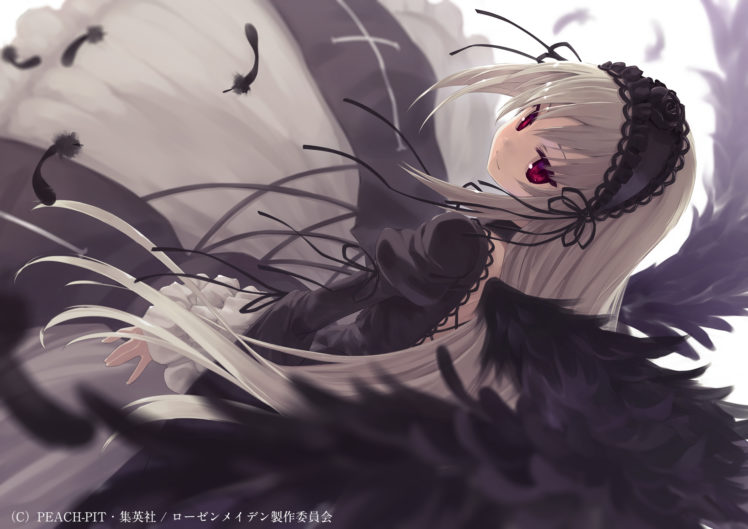 rozen, Maiden, Feathers, Headdress, Long, Hair, Red, Eyes, Rozen, Maiden, Suigintou, Sumaki, Shungo, White, Hair, Wings HD Wallpaper Desktop Background