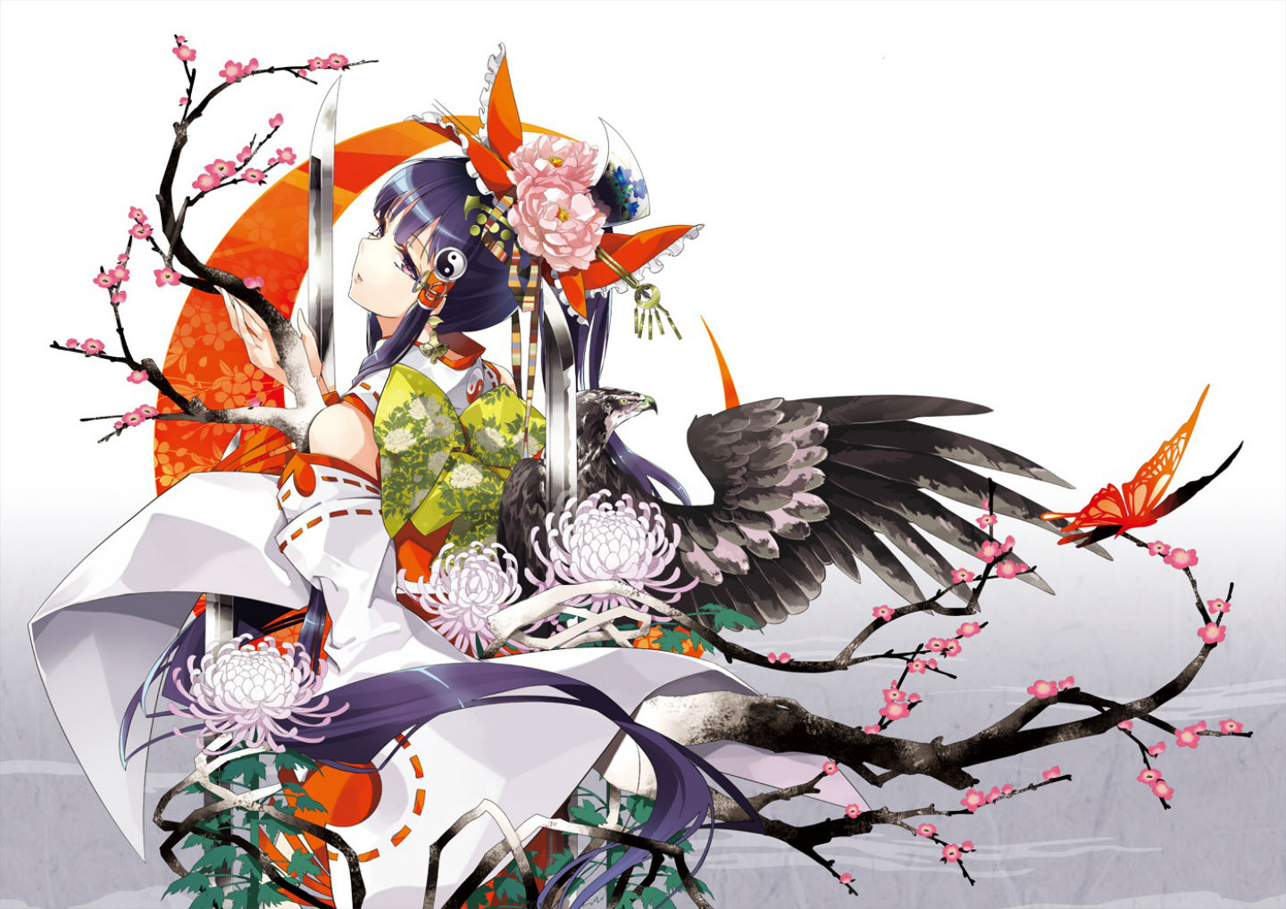 touhou, Butterfly, Cherry, Blossoms, Flowers, Hakurei, Reimu, Japanese, Clothes, Miko, Purple, Eyes, Sword, Touhou, Tsurukame, Weapon, Wings Wallpaper