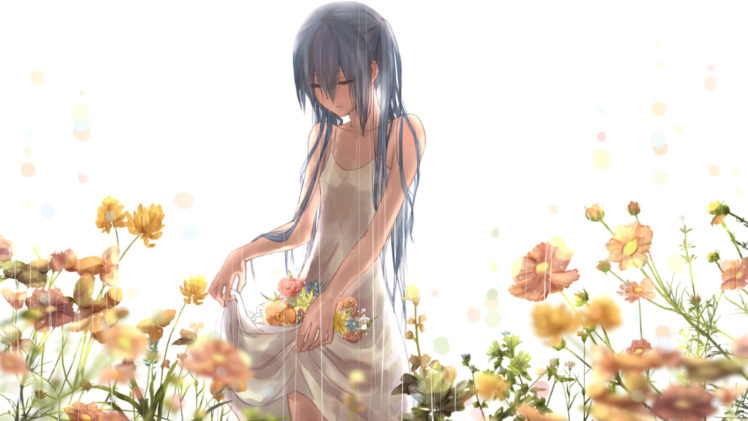 vocaloid, Mood, Blue, Hair, Capsulemarket88, Dress, Flowers, Hatsune, Miku, Rain, Vocaloid HD Wallpaper Desktop Background