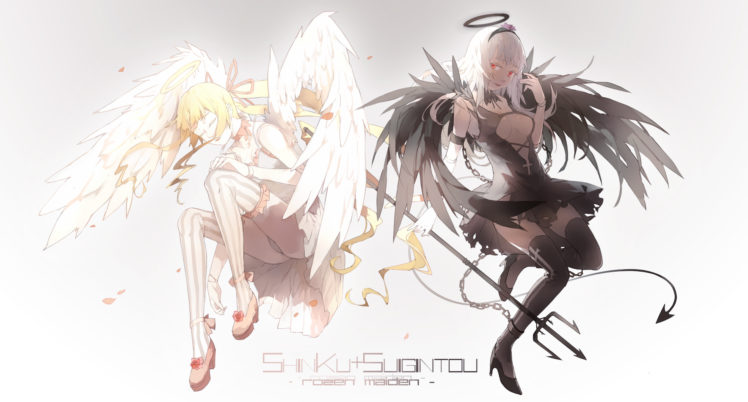 rozen, Maiden, Chain, Halo, Nine, Shinku, Suigintou, Thighhighs, Wings HD Wallpaper Desktop Background