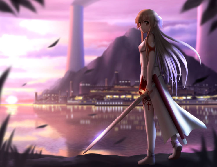 sword, Art, Online, 3d, Blonde, Hair, Brown, Eyes, City, Elbow, Gloves, Leaves, Long, Hair, Siraha, Sunset, Sword, Sword, Art, Online, Thighhighs, Water, Weapon, Yuuki, Asuna HD Wallpaper Desktop Background