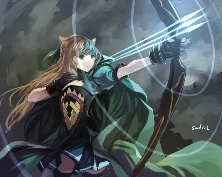 fate, Apocrypha, Animal, Ears, Atalanta, Bow,  weapon , Brown, Hair, Cape, Dress, Fate, Apocrypha, Gloves, Green, Eyes, Long, Hair, Signed, Swd3e2, Weapon HD Wallpaper Desktop Background