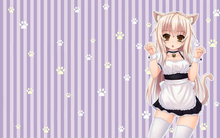 original, Animal, Ears, Bell, Blonde, Hair, Catgirl, Maid, Morimon, Original, Tail, Thighhighs, Yellow, Eyes HD Wallpaper Desktop Background