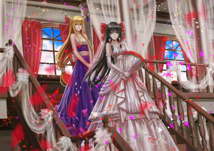 touhou, Girls, Black, Hair, Blonde, Hair, Bow, Brown, Eyes, Dress, Elbow, Gloves, Flowers, Horns, Ibuki, Suika, Long, Hair, Stairs, Touhou, Wedding, Dress, Yellow, Eyes, Zhouran HD Wallpaper Desktop Background