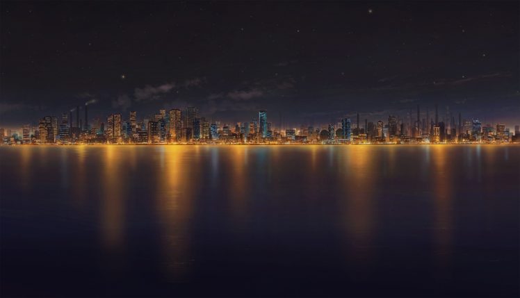 original, City, Cola,  gotouryouta , Night, Original, Scenic, Sky, Stars, Water HD Wallpaper Desktop Background