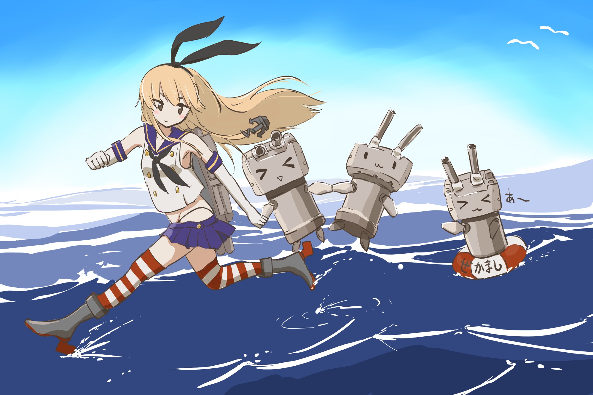 kantai, Collection, Blonde, Hair, Boots, Bow, Elbow, Gloves, Kantai, Collection, Long, Hair, Robot, Shimakaze,  kancolle , Takekumo, Thighhighs, Water Wallpaper