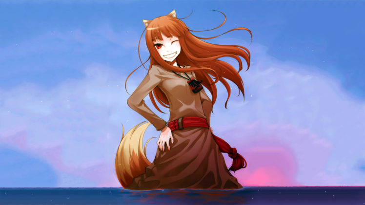 spice, And, Wolf, Animal, Ears, Brown, Hair, Clouds, Horo, Long, Hair, Photoshop, Red, Eyes, Sky, Spice, And, Wolf, Stars, Sunset, Tail, Water, Wink, Wolfgirl HD Wallpaper Desktop Background