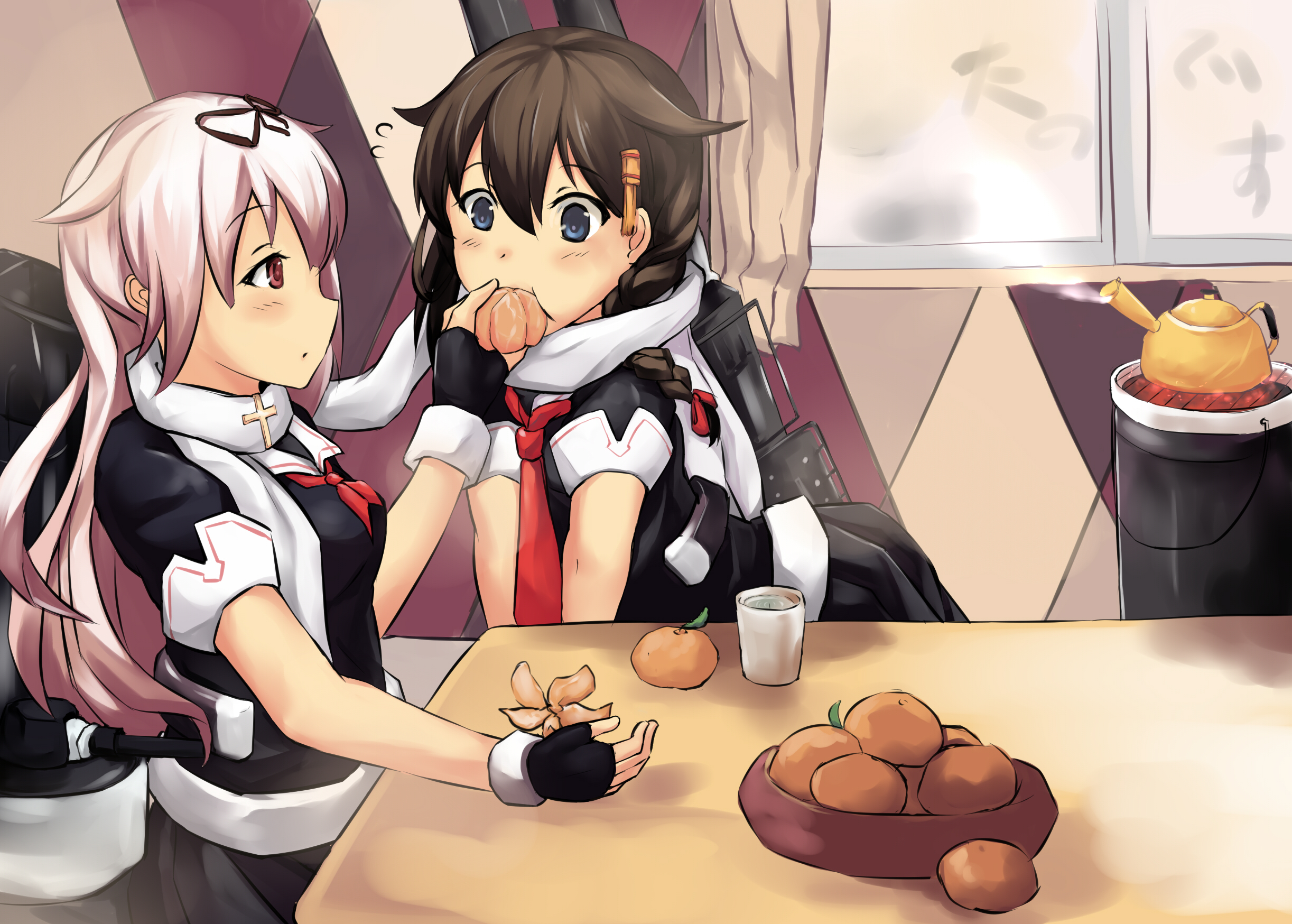 kantai, Collection, Girls, Black, Hair, Blue, Eyes, Bow, Braids, Food, Fruit, Kantai, Collection, Long, Hair, Lu, Hao, Liang, Pink, Hair, Red, Eyes, Seifuku, Shigure,  kancolle , Tie Wallpaper