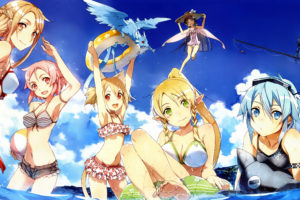 sword, Art, Online, Abec, Animal, Bikini, Blue, Hair, Braids, Choker, Eragot, Fish, Foxgirl, Group, Leafa, Lisbeth, Navel, Pina, Pink, Hair, Ponytail, Red, Eyes, Sky, Swimsuit, Tail, Water, Wet