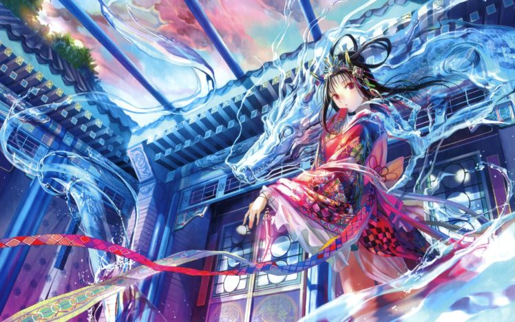 water, Dragons, Ribbons, Fuji, Choko, Anime, Girls, Original, Characters HD Wallpaper Desktop Background