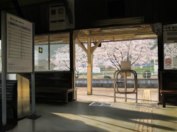 cherry, Blossoms, Sakura, Japanese, Spring, Train, Stations, Scenic, No, Smoking, Drawings, Anime HD Wallpaper Desktop Background
