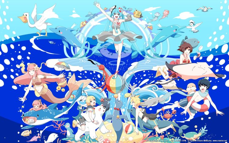 brunettes, Blondes, Water, Clouds, Vocaloid, Hatsune, Miku, Birds, Blue, Eyes, Fish, Megurine, Luka, Kaito,  vocaloid , Brown, Eyes, Kagamine, Rin, Kagamine, Len, Pink, Hair, Black, Eyes, Sharks, Whales, Mermaid HD Wallpaper Desktop Background