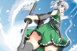 clouds, Touhou, Flowers, Blue, Eyes, Katana, Skirts, Weapons, Ghosts, Konpaku, Youmu, Short, Hair, Thigh, Highs, White, Hair, Flower, Petals, Skyscapes, Swords