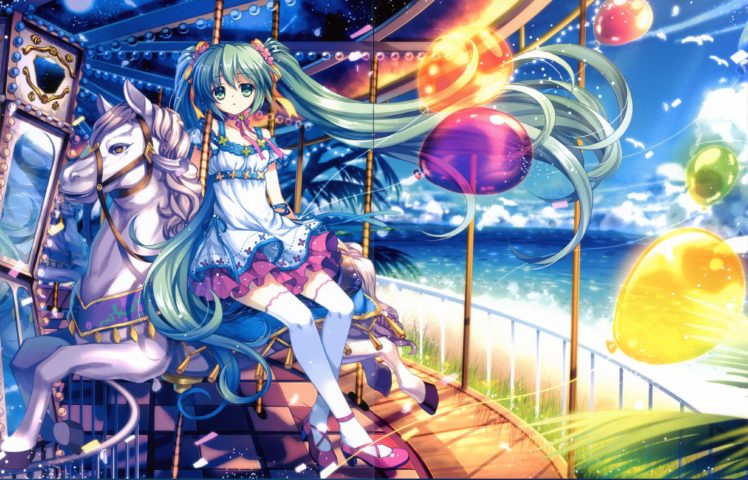 ocean, Vocaloid, Hatsune, Miku, Scenic, Balloons HD Wallpaper Desktop Background