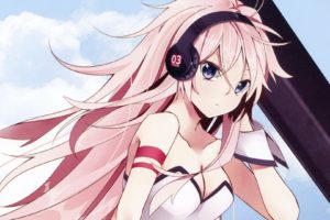 headphones, Clouds, Vocaloid, Blue, Eyes, Cleavage, Megurine, Luka, Long, Hair, Pink, Hair, Cuffs, Anime, Girls, Armbands, Skies