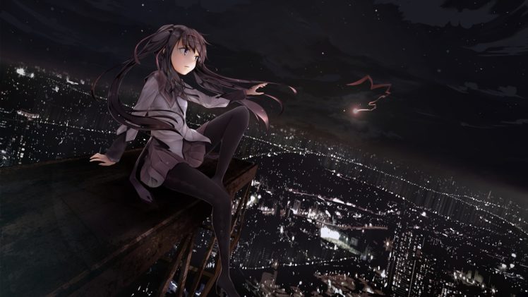 night, Stars, Ribbons, Mahou, Shoujo, Madoka, Magica, Anime, Akemi, Homura, Anime, Girls, Cities HD Wallpaper Desktop Background