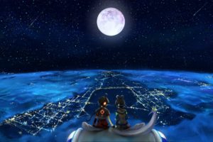 headphones, Landscapes, Vocaloid, Night, Stars, Moon, Long, Hair, Twintails, Scenic, Sitting, Ponytails, Ahoge, Holding, Hands, Gray, Hair, Full, Moon, Anime, Girls, Hair, Ornaments, Cities, Luo, Tianyi, Skies,