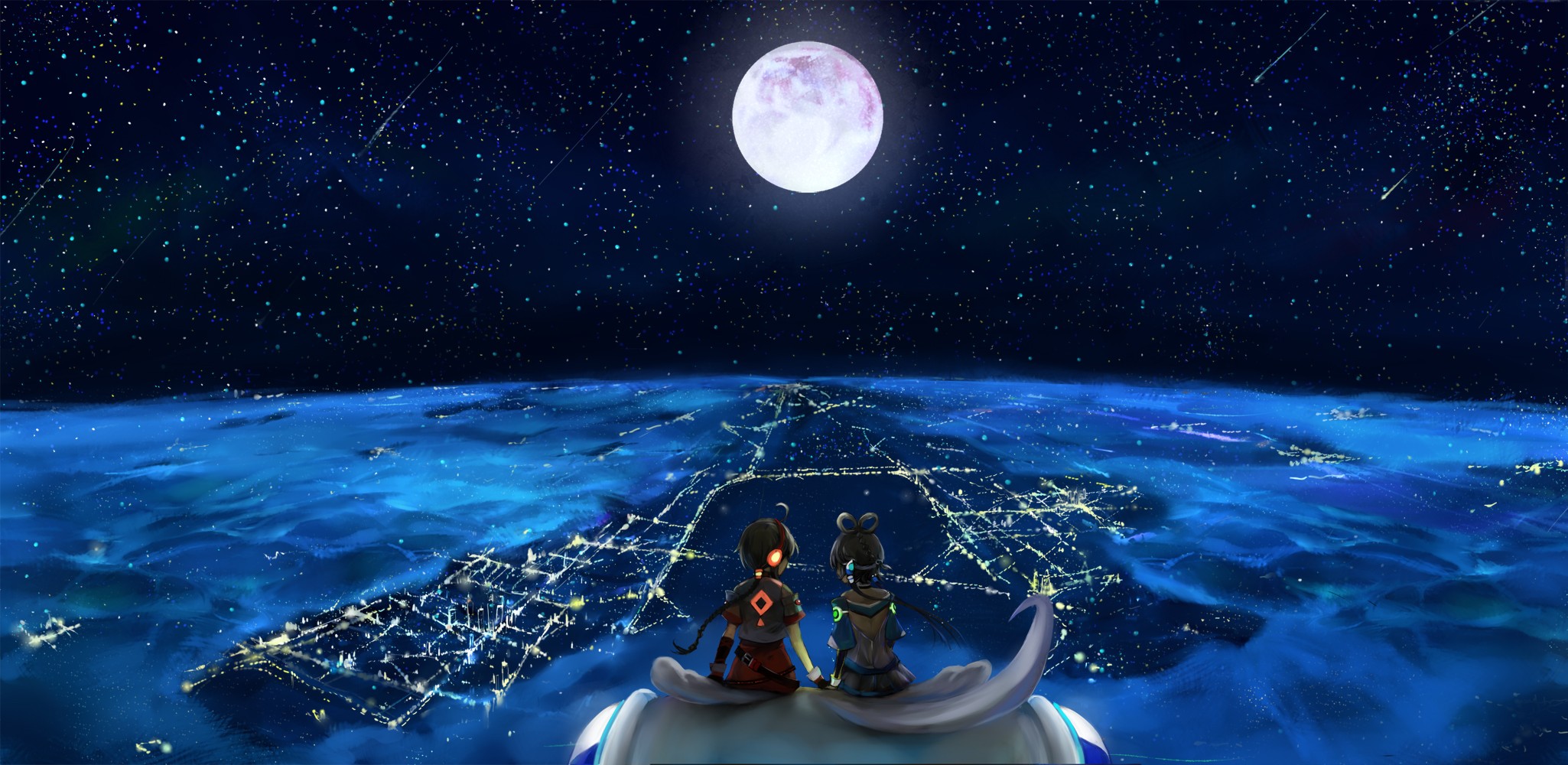 headphones, Landscapes, Vocaloid, Night, Stars, Moon, Long, Hair, Twintails, Scenic, Sitting, Ponytails, Ahoge, Holding, Hands, Gray, Hair, Full, Moon, Anime, Girls, Hair, Ornaments, Cities, Luo, Tianyi, Skies, Wallpaper