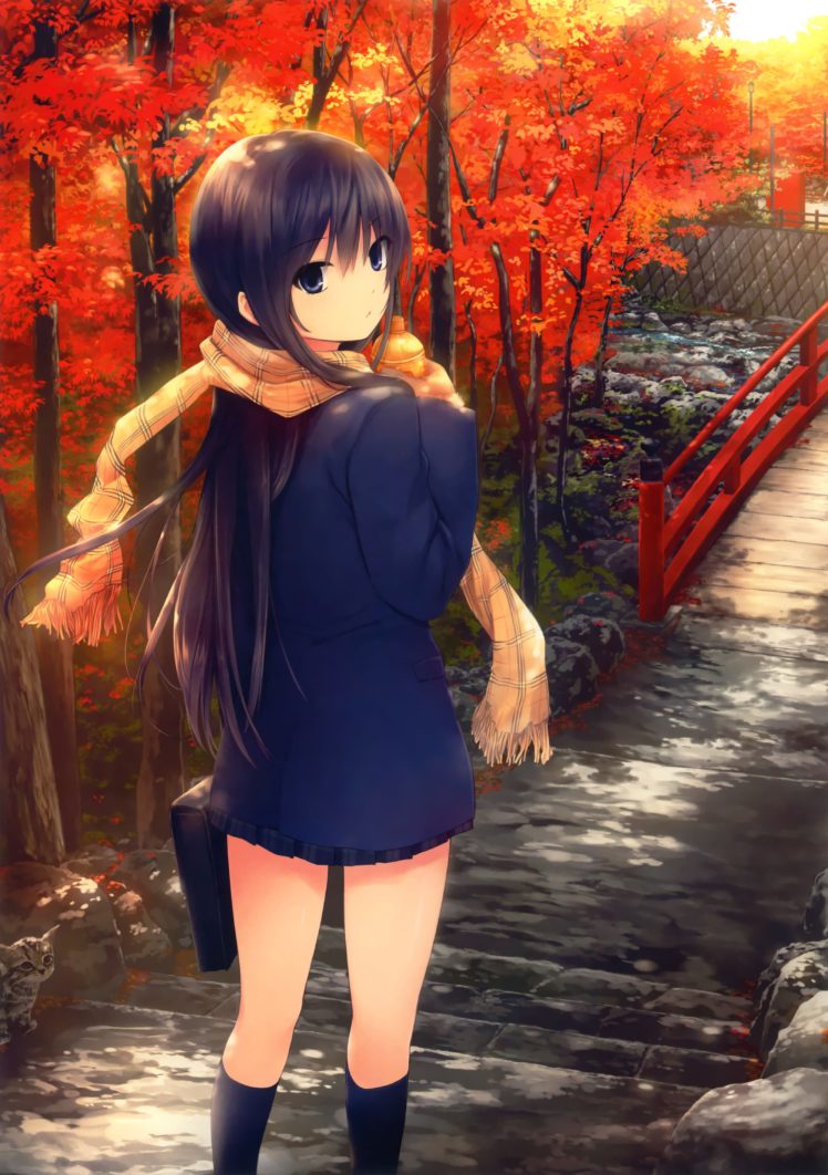 scarfs, Shiramine, Rika, Coffee kizoku, Anime, Girls, Scans, Autumn, Leaves HD Wallpaper Desktop Background