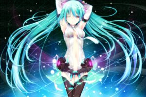 vocaloid, Hatsune, Miku, Cleavage, Tie, Long, Hair, Numbers, Red, Eyes, Thigh, Highs, Twintails, Fireflies, Navel, Armpits, Wink, Aqua, Hair, Miku, Append, Anime, Girls, Vocaloid, Append, Detached, Sleeves, Hair