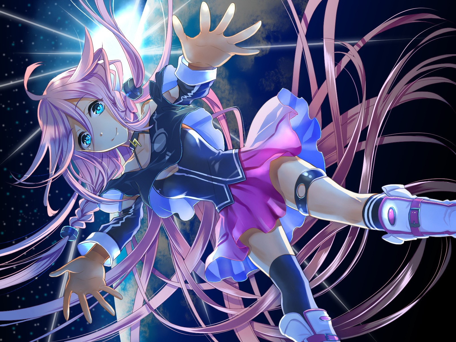 boots, Outer, Space, Vocaloid, Stars, Blue, Eyes, Planets, Skirts, Falling, Down, Long, Hair, Pink, Hair, Thigh, Highs, Braids, Choker, Anime, Girls, Glowing, Eyes, Spread, Arms, Hair, Ornaments, Knee, Socks, Ba Wallpaper