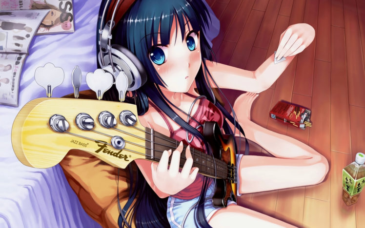 headphones, K on , Akiyama, Mio, Guitar, Picks HD Wallpaper Desktop Background
