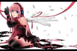 vocaloid, Acotamago, Blue, Eyes, Dress, Elbow, Gloves, Feathers, Headphones, Long, Hair, Megurine, Luka, Pink, Hair, Ribbons, Stockings, Vocaloid, Wings