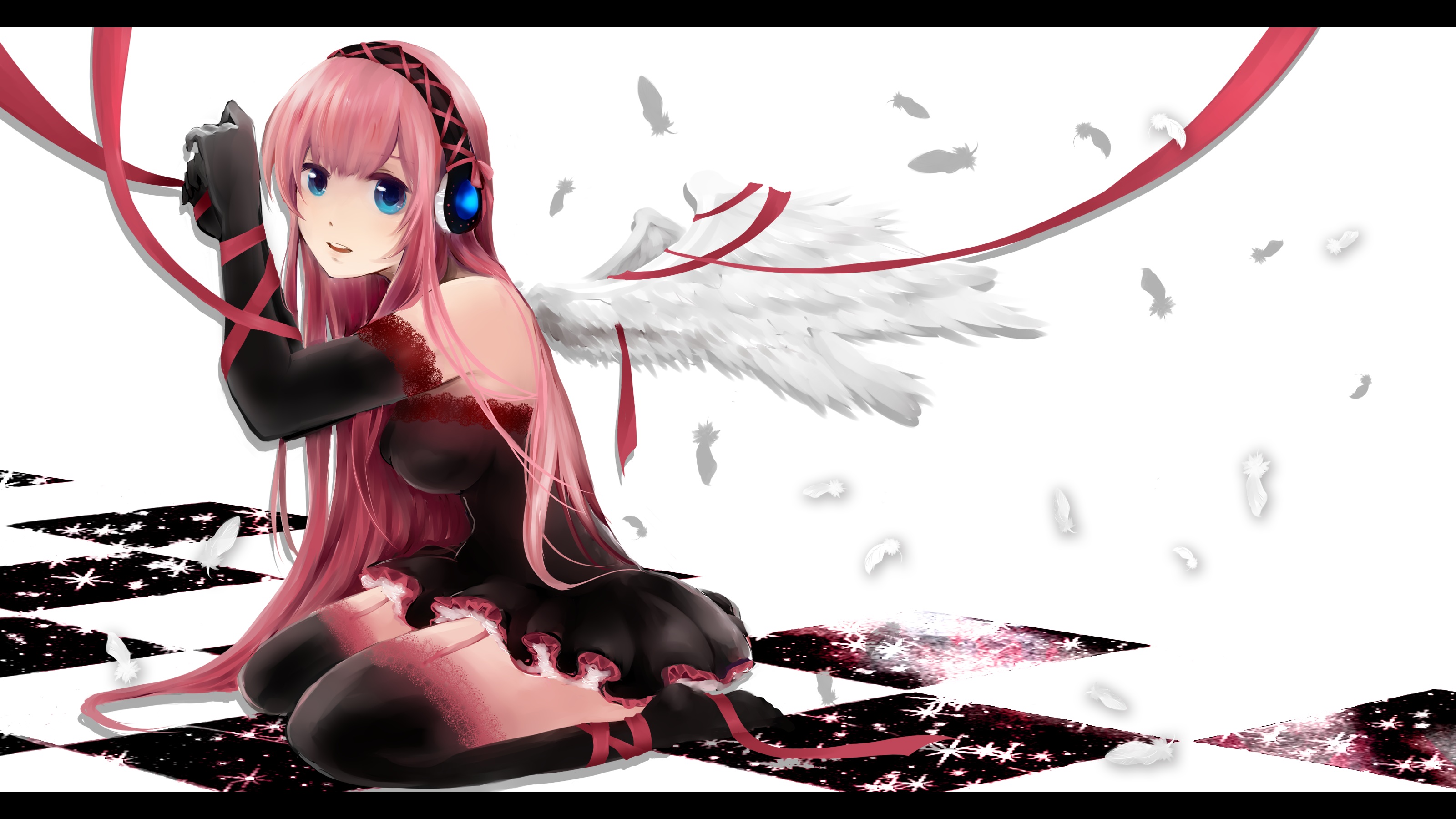 vocaloid, Acotamago, Blue, Eyes, Dress, Elbow, Gloves, Feathers, Headphones, Long, Hair, Megurine, Luka, Pink, Hair, Ribbons, Stockings, Vocaloid, Wings Wallpaper