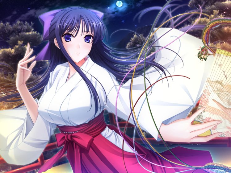 walkure, Romanze, Blue, Eyes, Blue, Hair, Bow, Fan, Game, Cg, Japanese, Clothes, Kimono, Komori, Kei, Long, Hair, Moon, Night, Ryuzouji, Akane, Stars, Walkure, Romanze HD Wallpaper Desktop Background