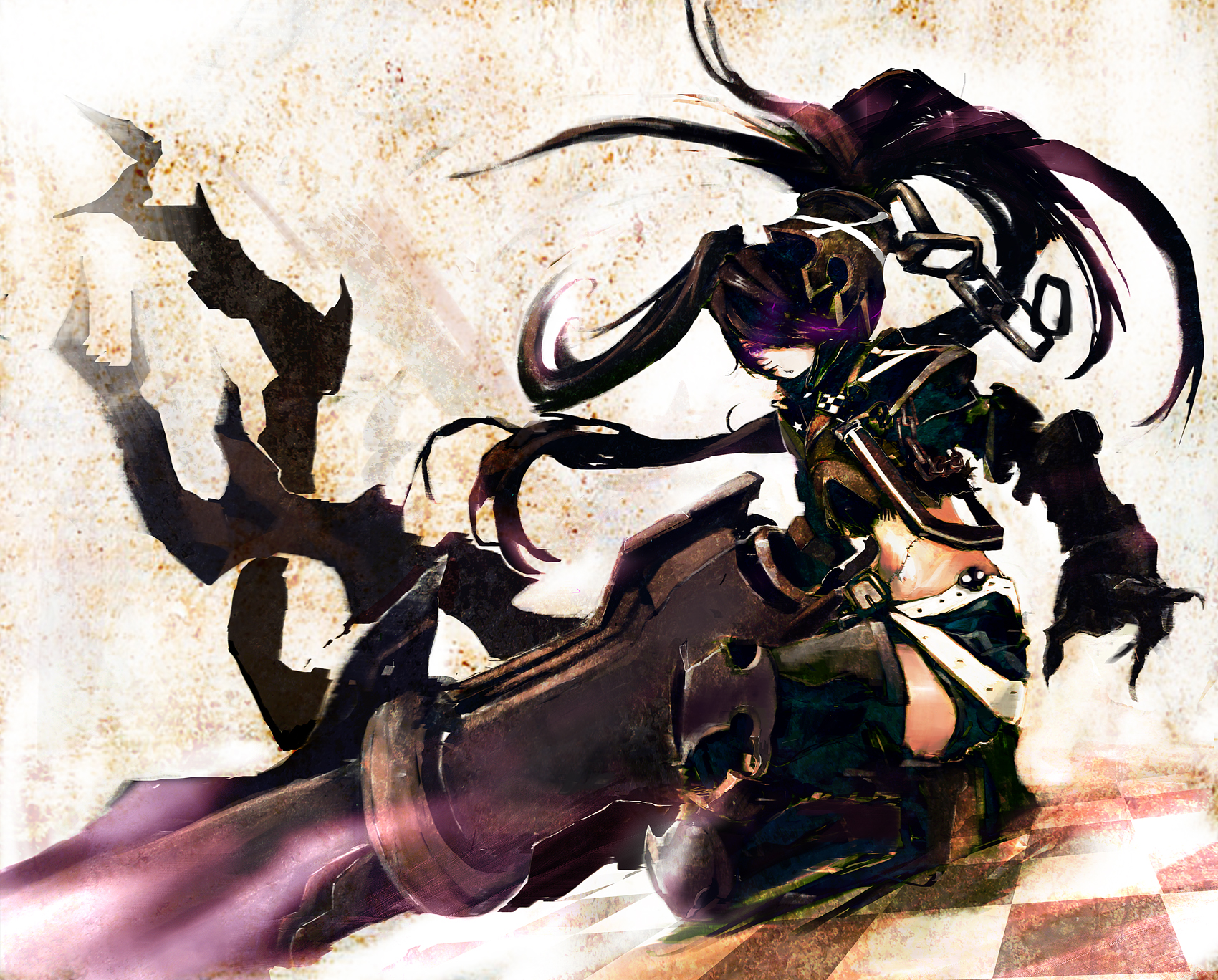 boots, Black, Rock, Shooter, Long, Hair, Belts, Weapons, Armor, Scars, Thigh, Highs, Twintails, Checkered, Navel, Squatting, Shorts, Chains, Purple, Eyes, Anime, Girls, Insane, Black, Rock, Shooter, Gauntlets, H Wallpaper