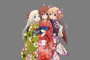 brunettes, Blondes, Blue, Eyes, Long, Hair, Brown, Eyes, Kimono, Short, Hair, Open, Mouth, Anime, Hair, Ribbons, Little, Busters , Noumi, Kudryavka, Bags, Natsume, Rin, Japanese, Clothes, Simple, Background, Ani