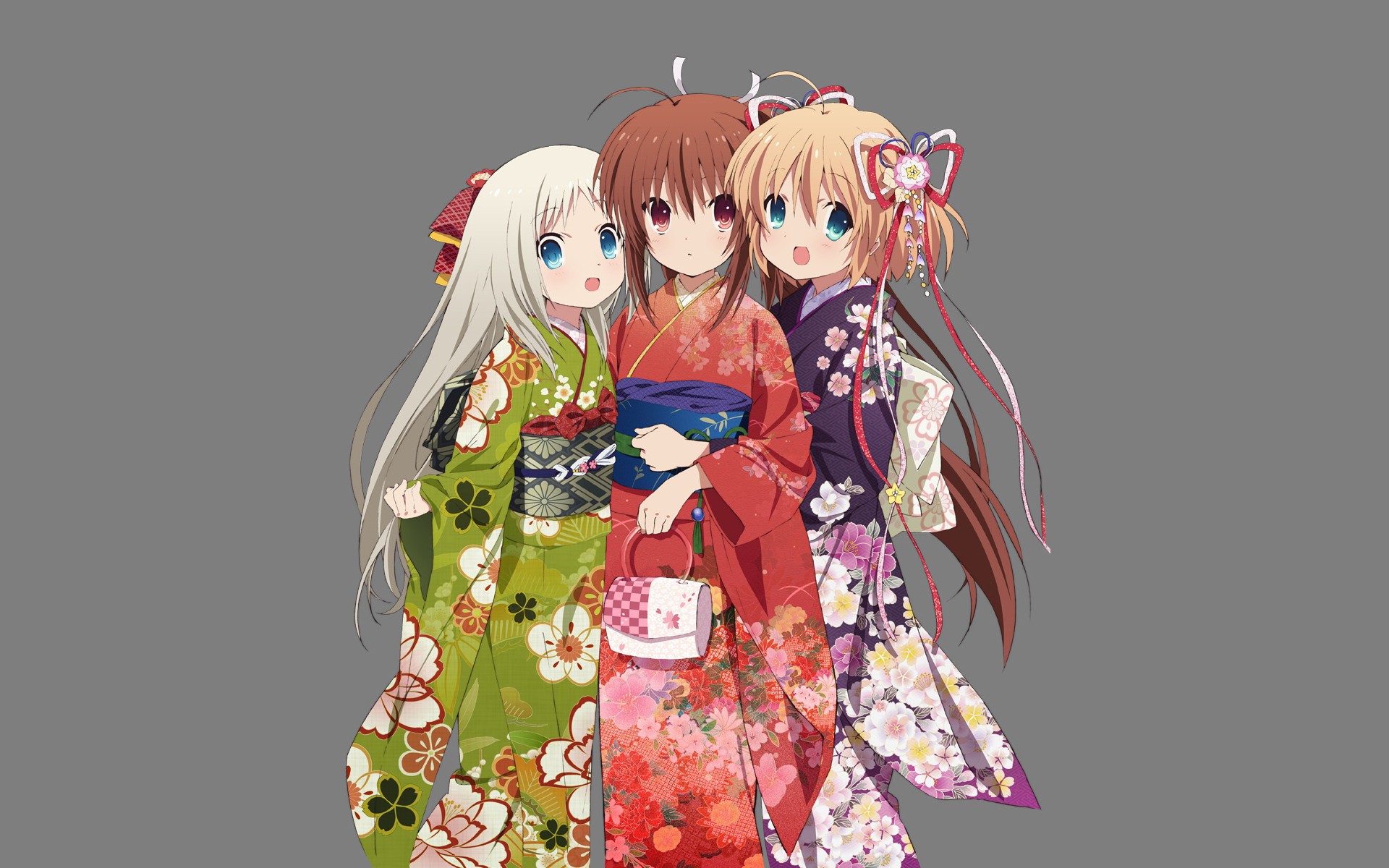 brunettes, Blondes, Blue, Eyes, Long, Hair, Brown, Eyes, Kimono, Short, Hair, Open, Mouth, Anime, Hair, Ribbons, Little, Busters , Noumi, Kudryavka, Bags, Natsume, Rin, Japanese, Clothes, Simple, Background, Ani Wallpaper