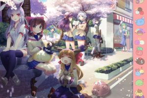 brunettes, Blondes, Video, Games, Touhou, Cherry, Blossoms, Flowers, Cats, Blue, Eyes, Animals, Demons, School, Uniforms, Schoolgirls, Skirts, Horns, Long, Hair, Cirno, Ribbons, Clannad, Outdoors, Buildings, Iza