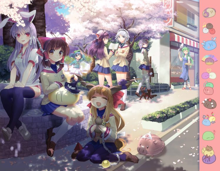 brunettes, Blondes, Video, Games, Touhou, Cherry, Blossoms, Flowers, Cats, Blue, Eyes, Animals, Demons, School, Uniforms, Schoolgirls, Skirts, Horns, Long, Hair, Cirno, Ribbons, Clannad, Outdoors, Buildings, Iza HD Wallpaper Desktop Background
